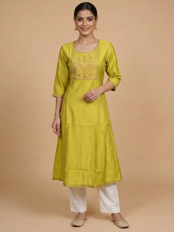 Lime green Zari embroidered art silk Anarkali kurti top with gold floral yoke