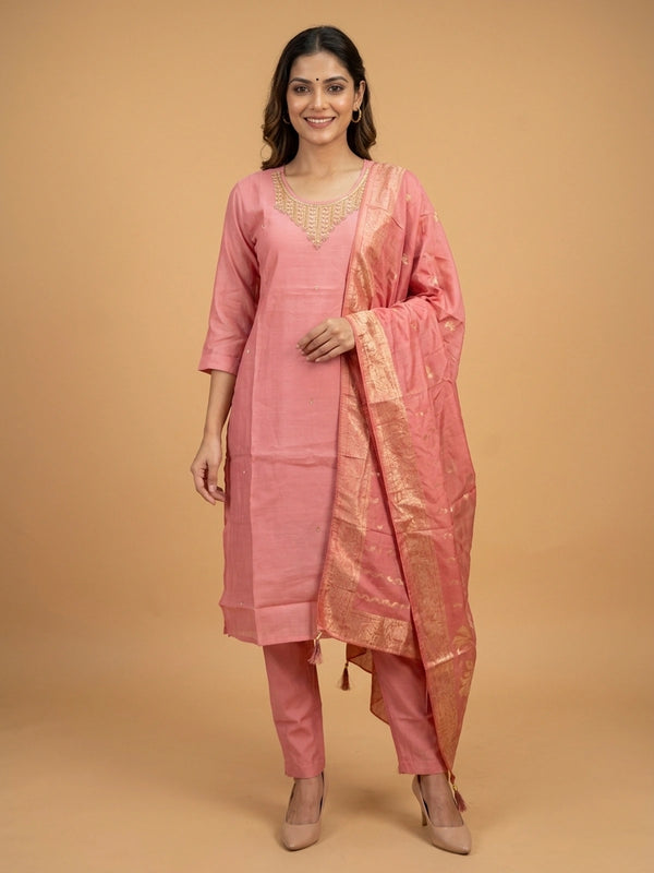 Rose Pink Chanderi Silk Zari Embroidered Straight Cut Kurti Set with dupatta