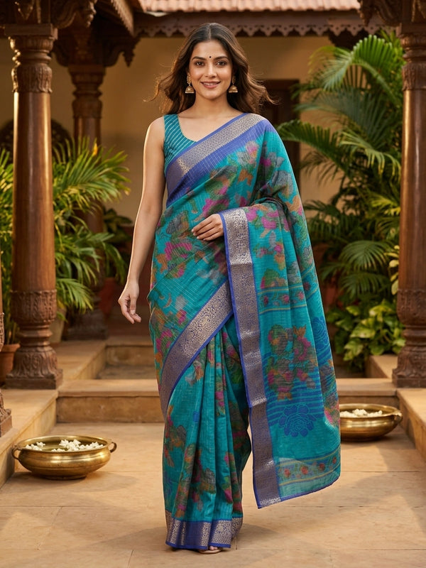 Teal Dola silk saree with multicolour floral print and contrast blue gold zari border