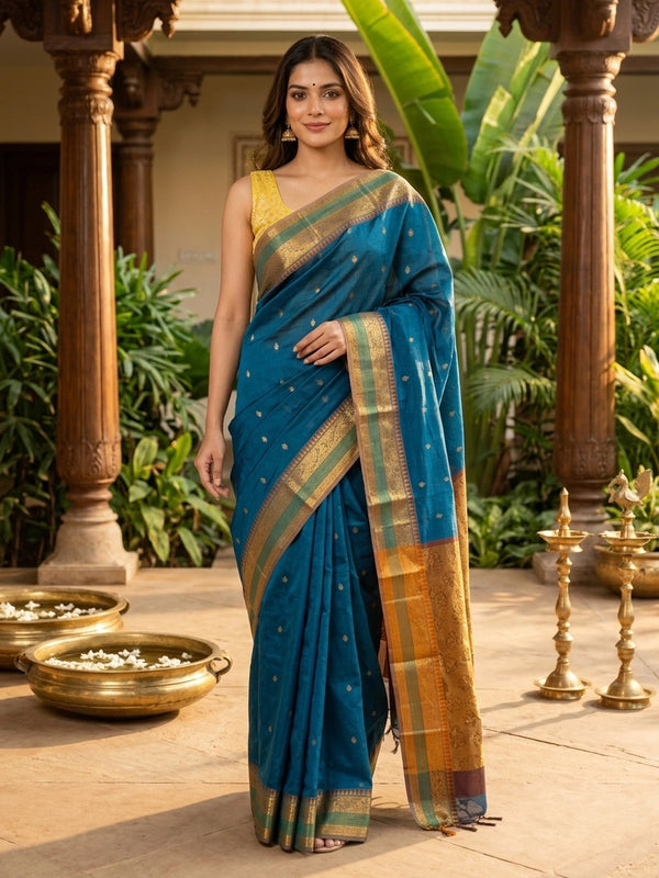 Peacock blue Chettinad cotton saree with gold zari buttas, temple zari border and contrast mustard-gold pallu