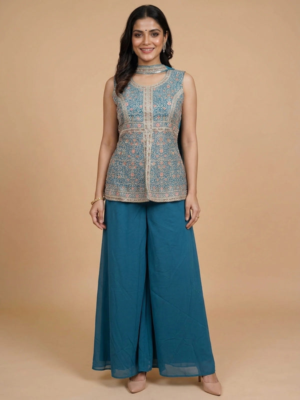 Teal Blue Georgette floral embroidered sleeveless straight cut kurti set with palazzo and dupatta