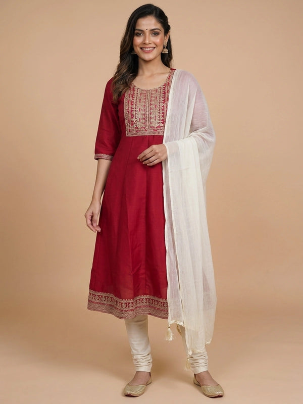 Maroon Zari embroidered Anarkali kurti top with gold neckline and hem border