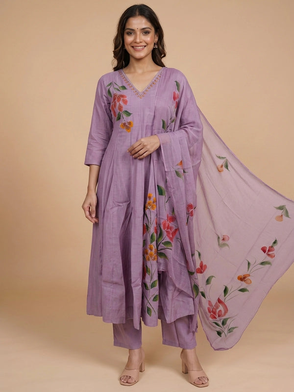 Lilac hand-painted floral Anarkali kurti set with mirror-work neckline and matching dupatta