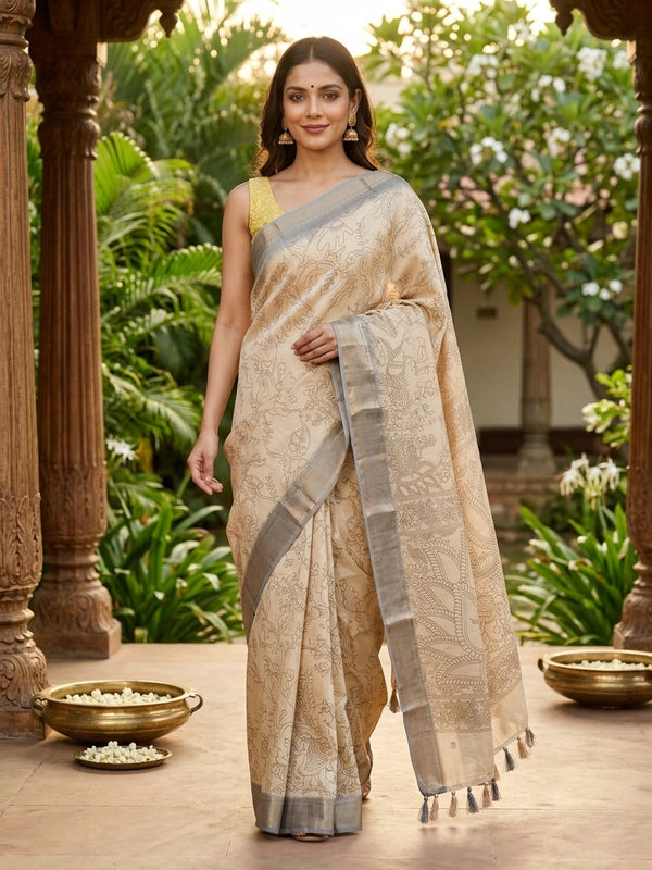 Beige Dola silk saree with Kalamkari peacock and floral motifs and contrast grey silver zari border