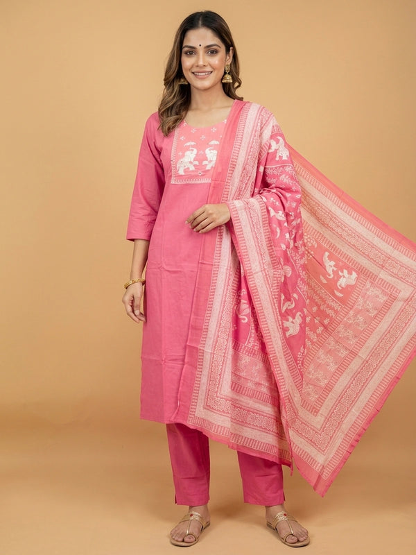 Pink cotton straight cut kurti set with elephant motif embroidered yoke and printed dupatta