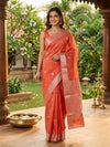 Coral Orange and Silver Silk Cotton Saree