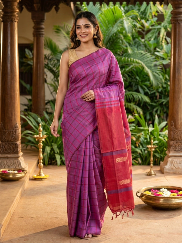 Magenta pink checked Banana silk saree with contrast red zari pallu and border