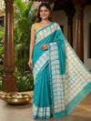 Teal and Off-White Linen Cotton Saree