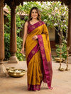 Mustard Yellow and Maroon Pure Soft Silk Saree