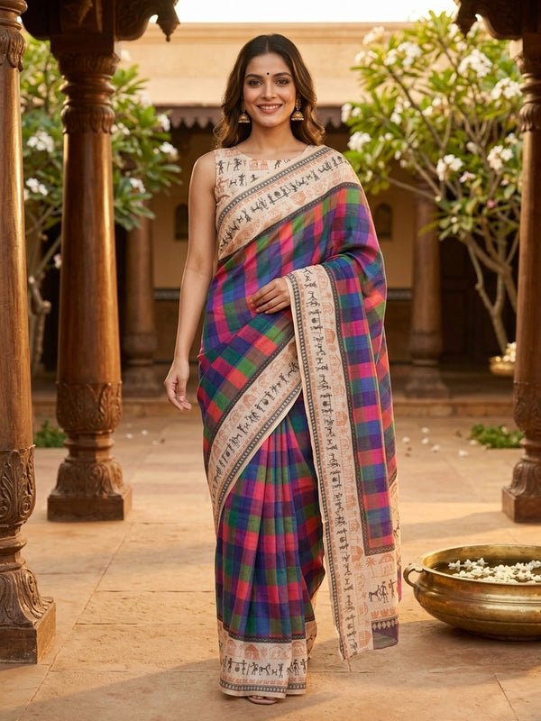 Multicolour checked linen cotton saree with cream Warli-art printed border and pallu
