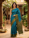 Peacock Blue and Olive Green Kanchipuram Pure Mix Saree