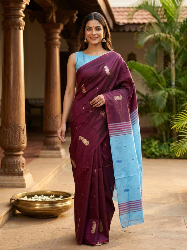 Wine Banana silk saree with silver buttis and contrast sky blue pallu
