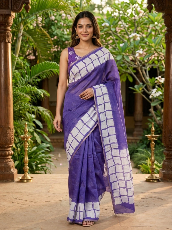 Violet linen cotton saree with white batik square-grid border and spiral motifs