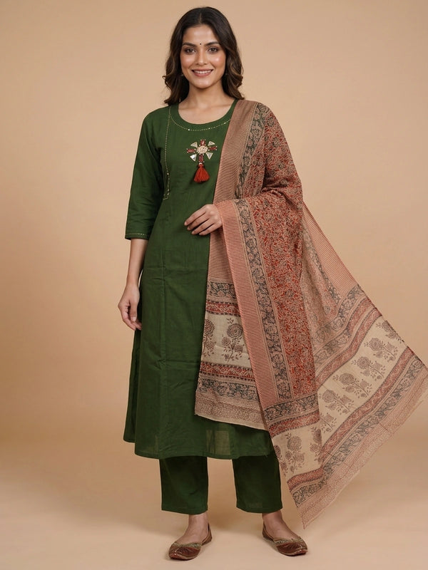 Mehendi green cotton mirror work Anarkali kurti set with rust printed dupatta and matching pants