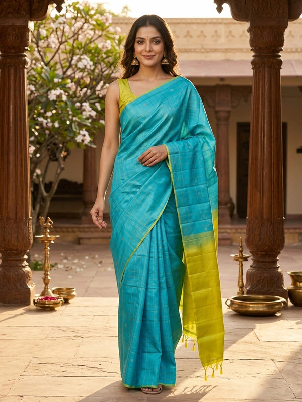 Turquoise blue Kanchipuram pure mix saree with gold zari checks and contrast lime-yellow border and pallu