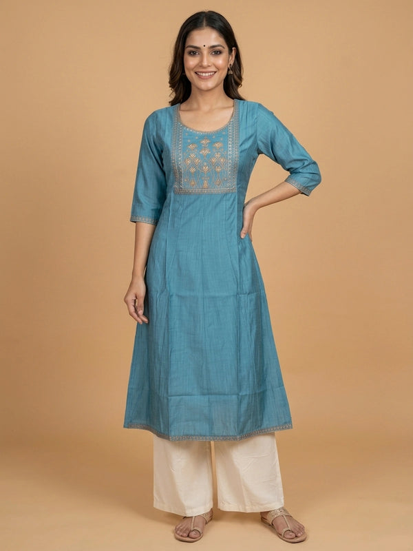 Teal Blue zari embroidered Anarkali kurti top with gold floral yoke work