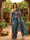 Teal Blue Floral Semi Tussar Saree