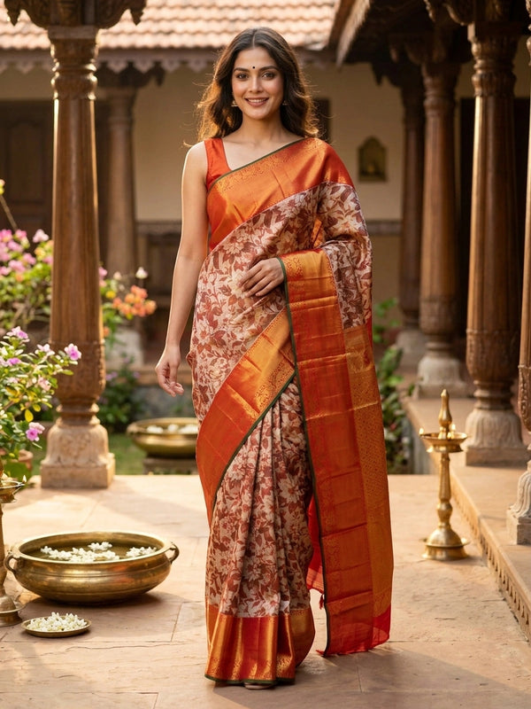 Cream and orange pure Kanchipuram silk saree with floral printed body and gold zari contrast border