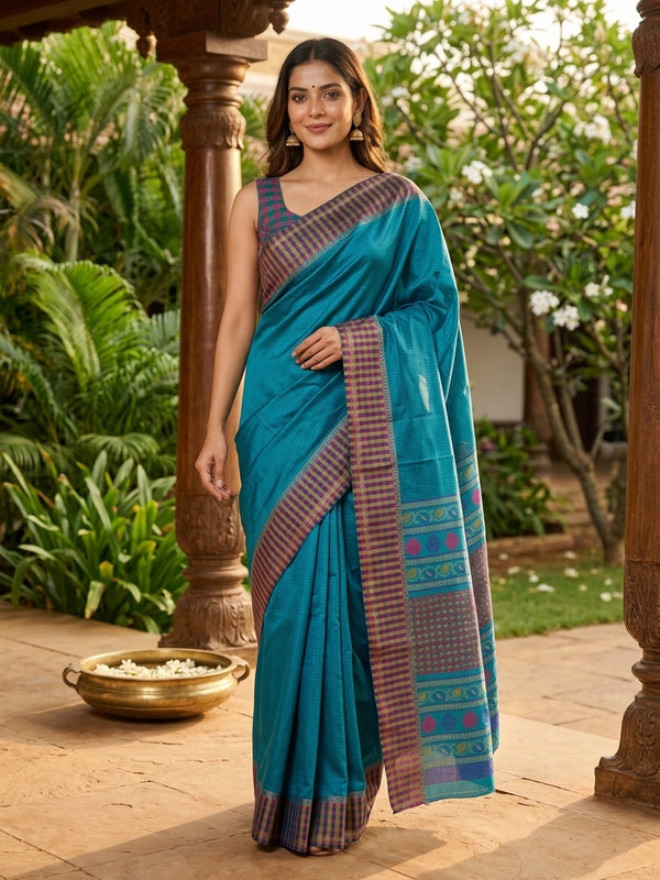 Peacock blue Dola silk saree with contrast multicoloured checked border and patterned pallu