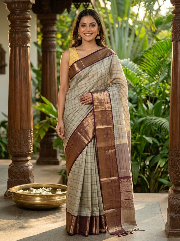 Sage Grey and Wine Kanchi Semi Silk Saree