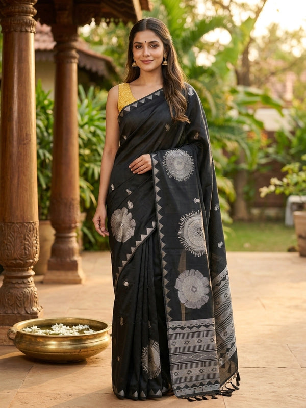 Black semi tussar saree with silver zari floral medallions and temple-design border