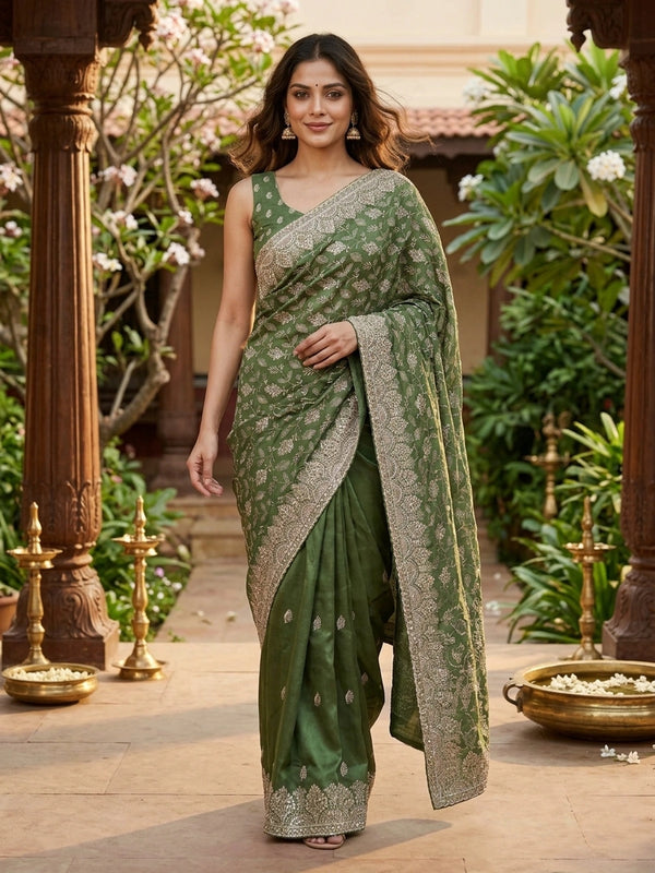 Mehendi green designer saree with gold floral zari embroidery and contrast yellow blouse