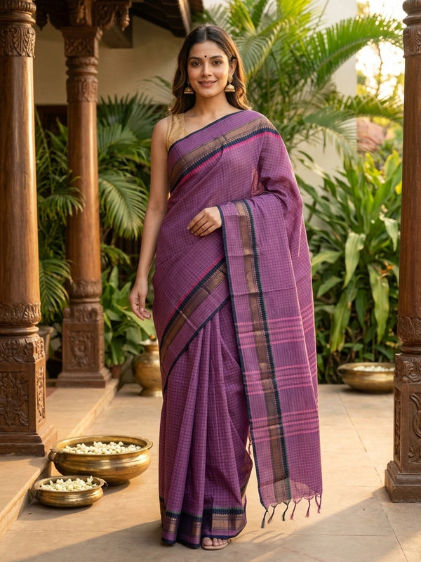 Purple Chettinad cotton saree with woven checks and contrast navy blue temple border