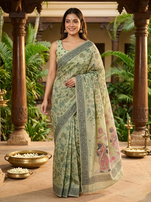 Sage green linen cotton saree with floral and bird print, grey floral border and Pattachitra-style pallu