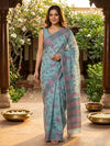 Aqua Blue and Pink Linen Cotton Saree