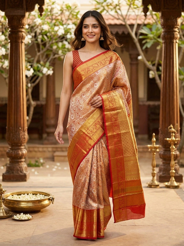 Golden orange and red pure Kanchipuram silk saree with gold zari floral brocade and contrast red peacock border