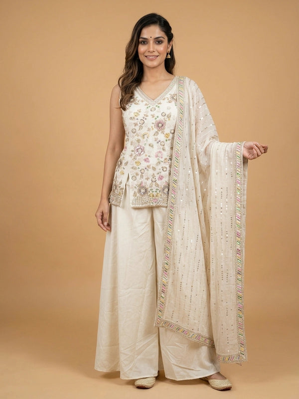 Ivory floral embroidered art silk straight cut kurti set with palazzo pants and sequin dupatta