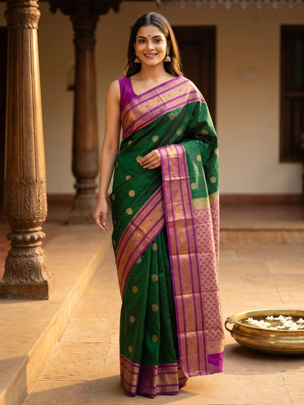 Green pure Kanchipuram silk saree with contrast magenta gold zari border and buttas