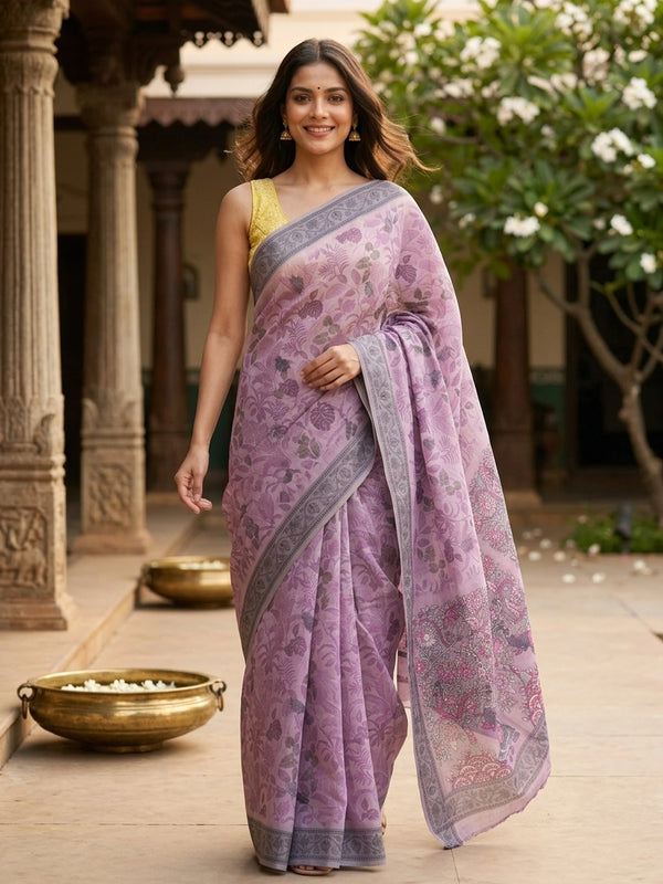 Lavender and grey Linen Cotton saree with tropical floral print and kalamkari elephant pallu