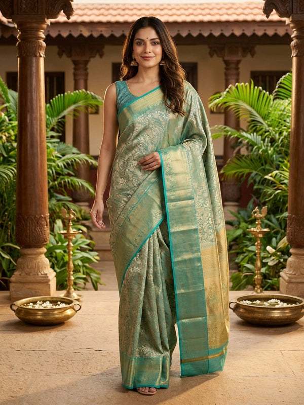 Teal green and gold pure Kanchipuram silk saree with zari floral weave and contrast border