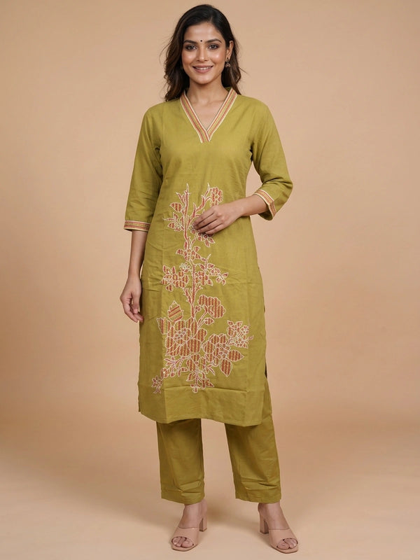 Mehndi green cotton straight cut kurti set with multicolour floral embroidery and cream dupatta