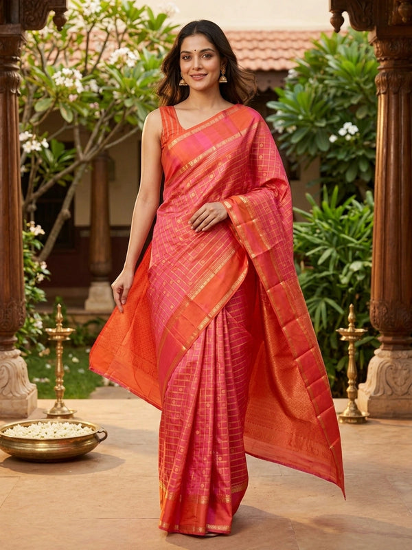 Pink and orange pure Kanchipuram silk saree with gold zari checks and contrast border