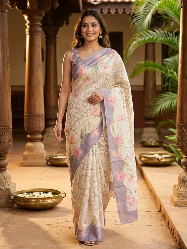 Cream and lavender designer silk saree with hand-painted lotus florals and silver thread work