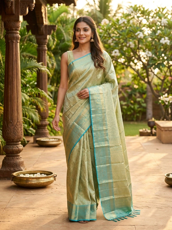 Pista green pure Kanchipuram silk saree with gold zari brocade body and turquoise blue contrast border