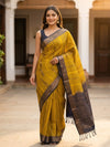 Mustard Yellow and Navy Blue Pure Soft Silk Saree