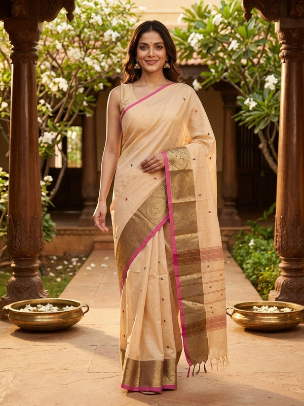 Cream Chettinad cotton saree with pink gold zari border and paisley buttis