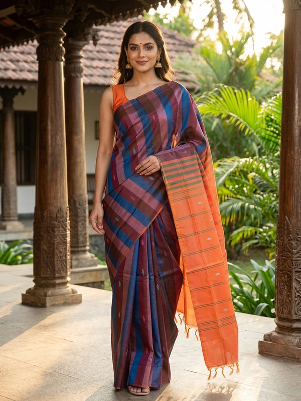 Multicolour checked banana silk saree with contrast orange striped pallu and buti motifs