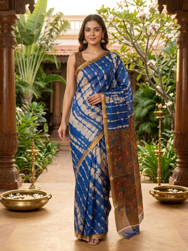 Royal blue and cream shibori Linen Cotton saree with gold zari border and Kalamkari floral pallu