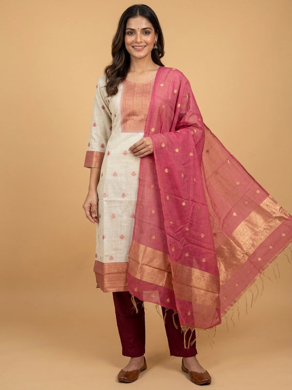 Cream cotton silk zari woven straight cut kurti set with maroon pants and pink zari dupatta