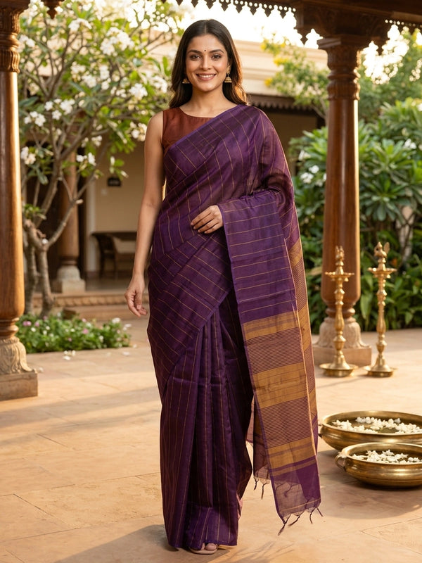 Purple silk cotton saree with gold stripes and mustard striped pallu