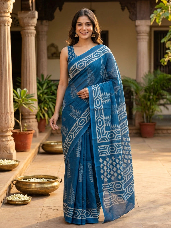 Peacock blue and white block printed linen cotton saree with geometric border and fern motifs