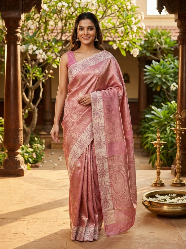 Pink and cream designer art silk saree with woven zari paisley body and contrast palm-tree printed border