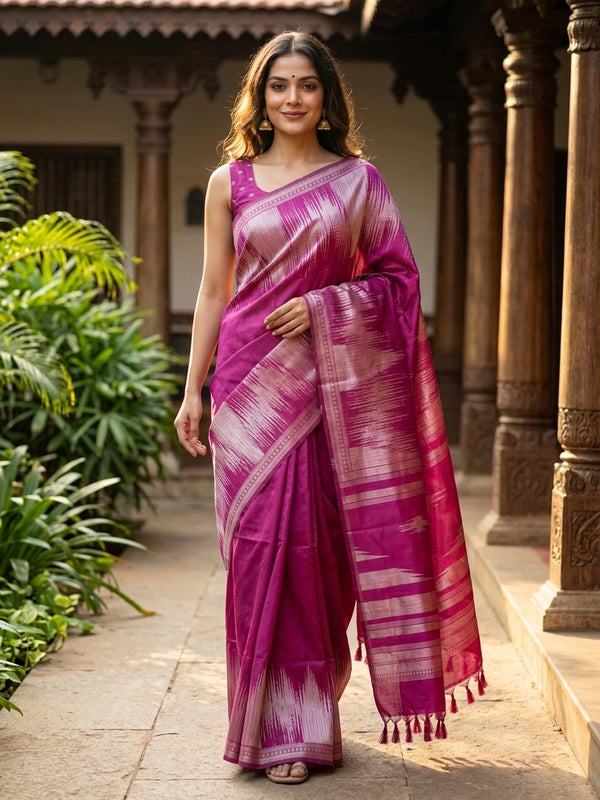 Magenta pink semi tussar saree with silver zari ikat streaks and temple-design pallu