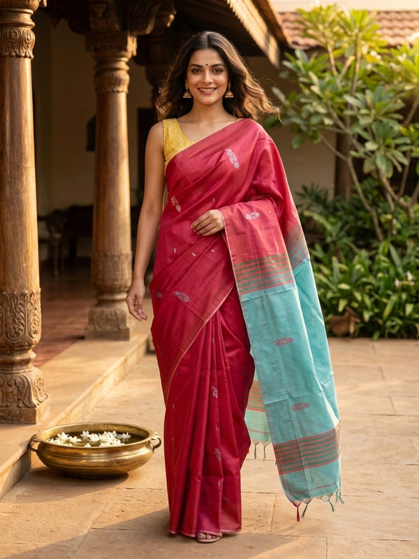 Rani pink banana silk saree with turquoise contrast pallu and woven butta motifs