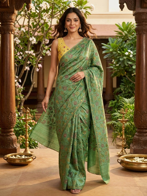Green semi tussar saree with multicolour floral thread embroidery and gold zari accents