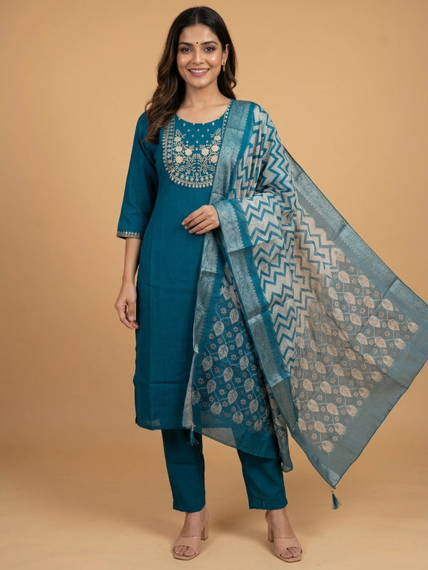 Teal Blue zari embroidered straight cut kurti set with printed dupatta and straight pants
